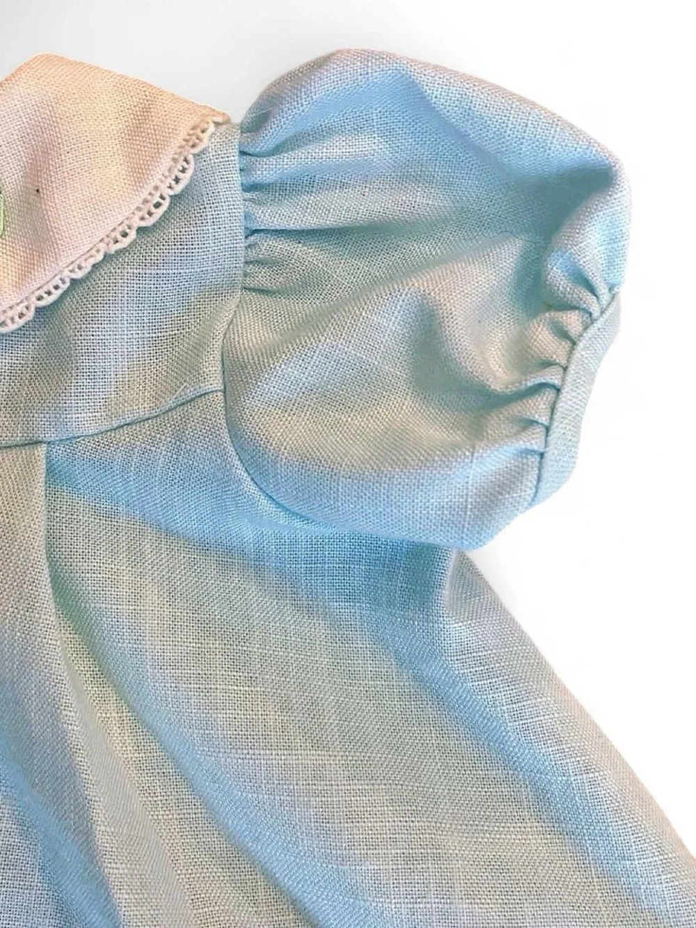 Handmade Baby blue baby dress with white lace collar and pink rose appliqués